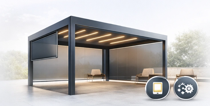 Accessories and optional features for aluminum pergola and outdoor canopy systems including zip screens, LED lighting, outdoor heaters, and smart automation controls for patios, gardens, terraces, restaurants, hotels, and commercial outdoor spaces, custom pergola upgrades for residential and project installations – Lumisong