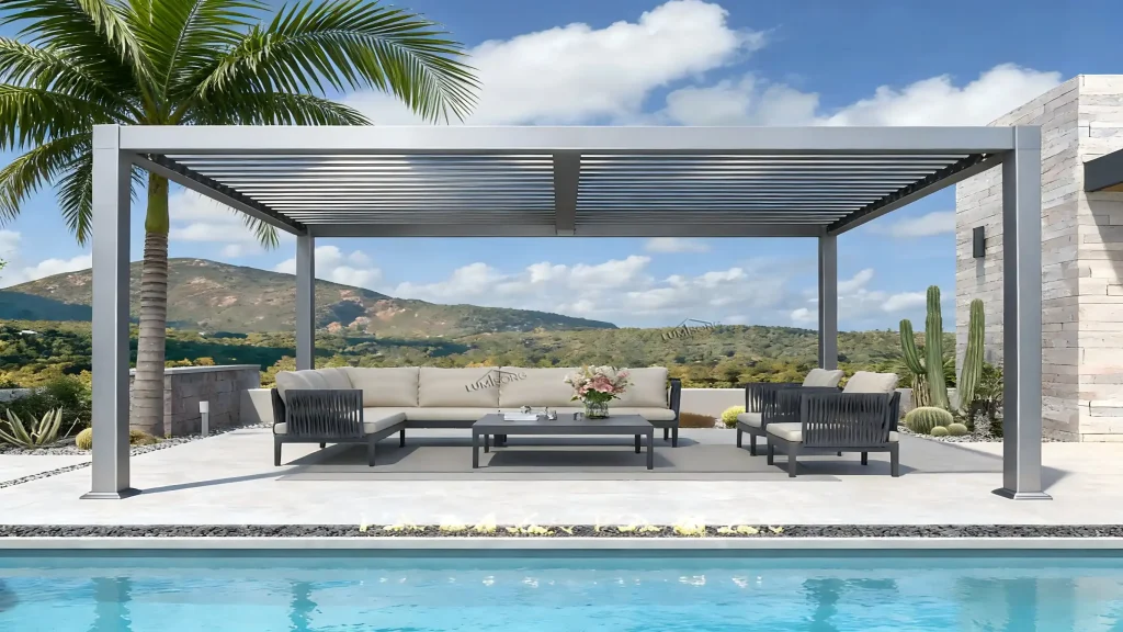 Aluminium louvered pergola with adjustable roof louvers providing shade, ventilation, and rain protection for patio, garden, and commercial outdoor spaces