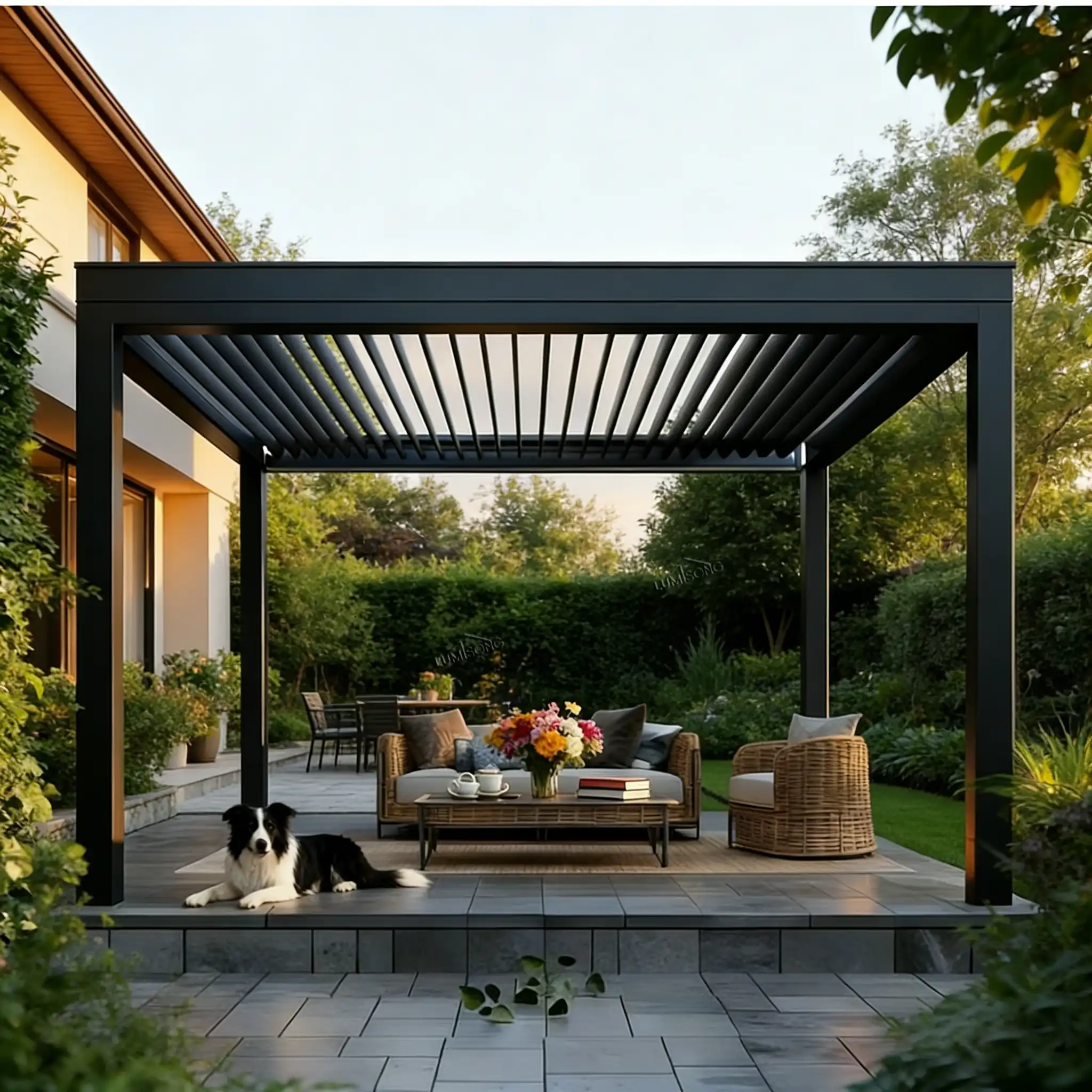 Backyard pergola installed in residential garden patio area, providing stylish shade, weather protection, and comfortable outdoor living space with durable aluminum structure | Lumisong