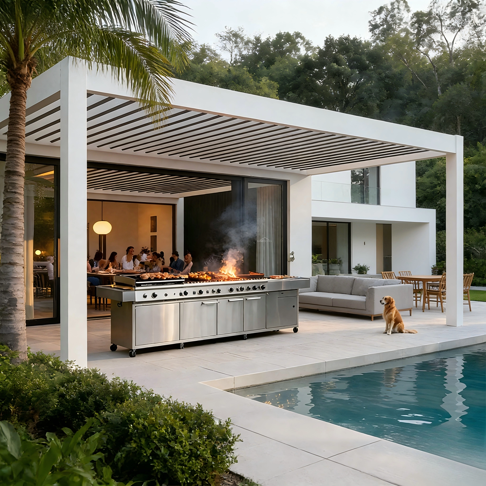 Modern aluminum barbecue pergola with integrated sunshade roof installed in outdoor patio grilling area, custom outdoor BBQ pergola structure designed for backyard kitchens, garden dining spaces, and commercial hospitality projects, manufactured in China with global wholesale supply to the United States, Canada, Australia, the United Kingdom, Germany, France, Italy, Spain, Greece, the Netherlands, and other developed markets | Lumisong