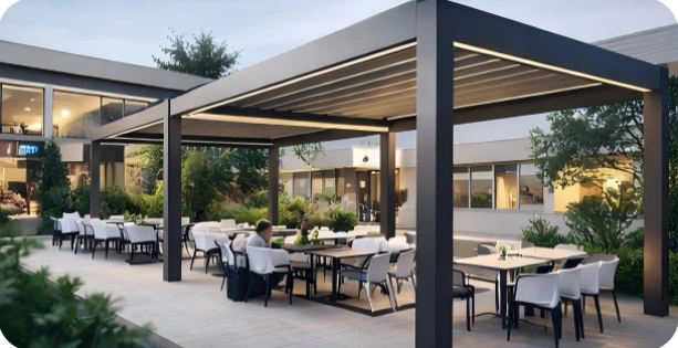 Commercial grade aluminum pergola with integrated LED lighting for hospitality and restaurant outdoor dining spaces, custom outdoor pergola system for hotels and commercial projects – Lumisong