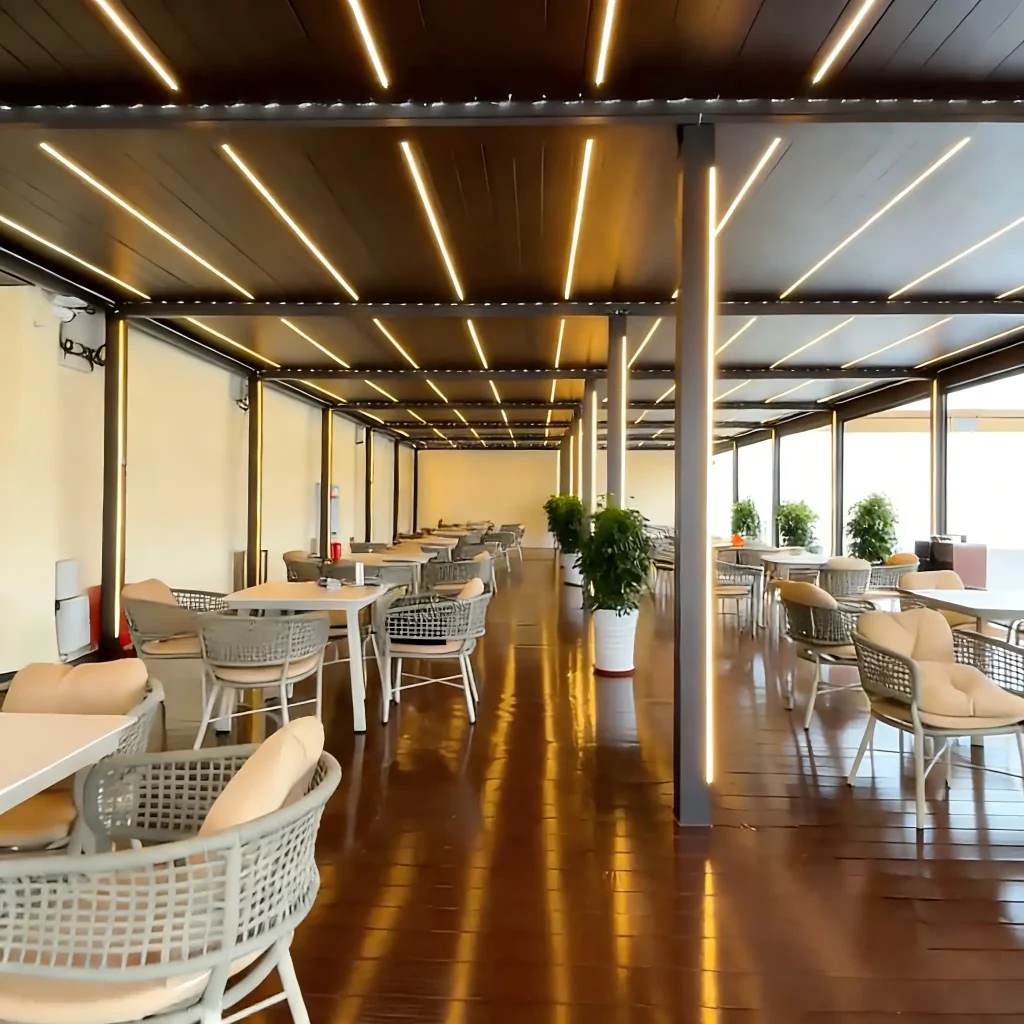 Commercial pergola with heavy-duty aluminum frame providing durable outdoor shade for restaurants, hotels, rooftop terraces, patios, and commercial outdoor spaces