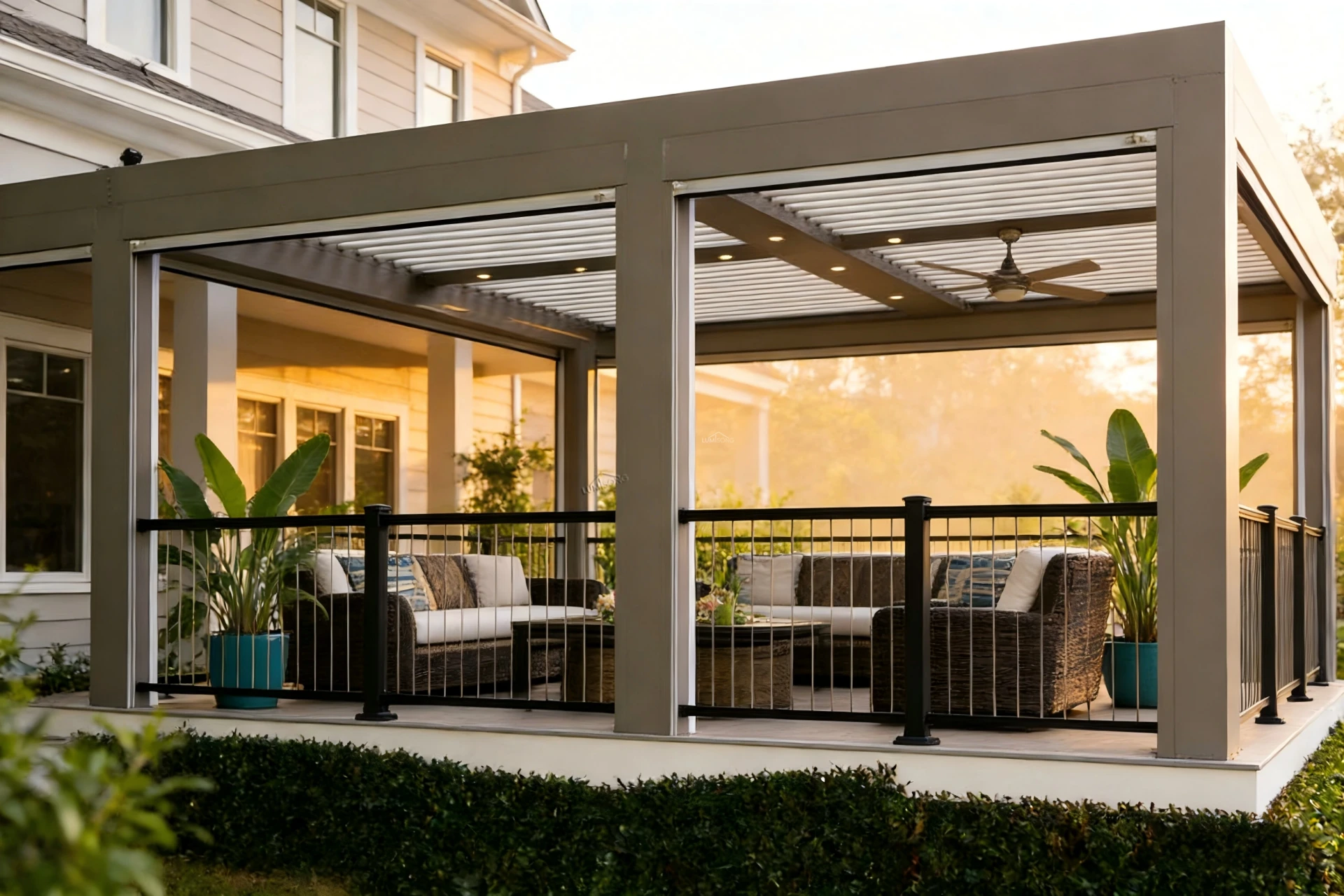 High-quality commercial aluminum pergola installed in outdoor restaurant and hotel spaces, providing durable, stylish, and customizable shading solutions – Lumisong