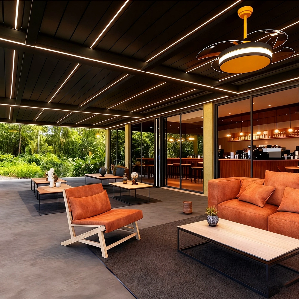 Modern commercial pergola system installed in an outdoor restaurant and hospitality terrace, durable aluminum pergola structure designed for cafes, hotels, resorts, and commercial outdoor dining areas, providing adjustable sunshade, weather protection, and architectural design flexibility, custom manufactured in China with global wholesale supply to the United States, Canada, Australia, the United Kingdom, Germany, France, Italy, Spain, Greece, the Netherlands, Sweden, and other developed markets | Lumisong