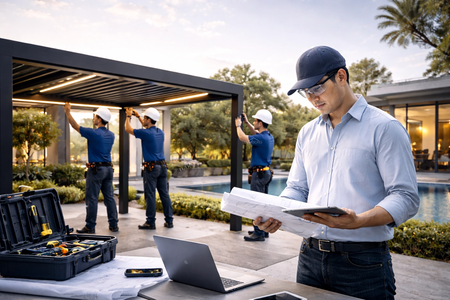 Comprehensive technical support and expert guidance for aluminum pergola projects, covering planning, design, customization, and professional installation for residential gardens, commercial terraces, patios, and outdoor spaces, ensuring durable and visually appealing results | Lumisong