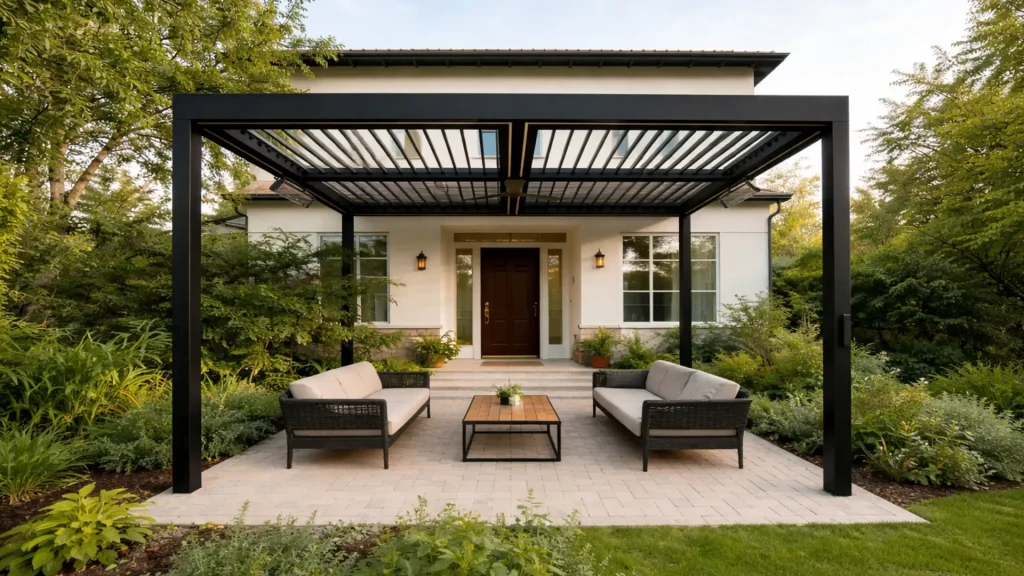 Contemporary freestanding aluminum pergola by Lumisong for garden patio outdoor living, featuring a durable powder-coated frame and modern minimalist design, ideal for backyard relaxation, landscape integration, and upscale residential or commercial outdoor spaces.