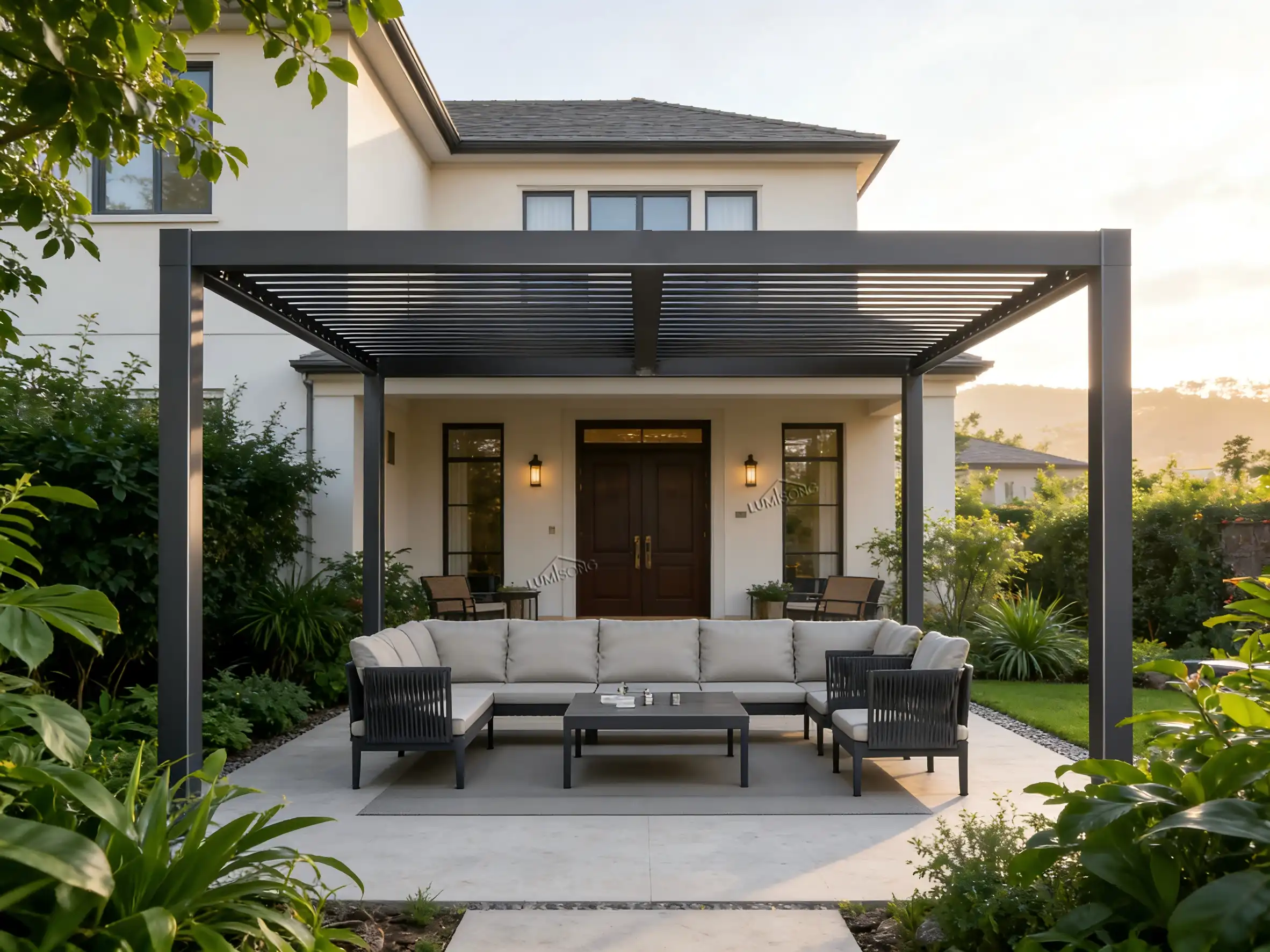 Contemporary Mirador pergola with durable aluminum structure, offering sun and rain protection for stylish residential patios, gardens, and commercial outdoor spaces | Lumisong