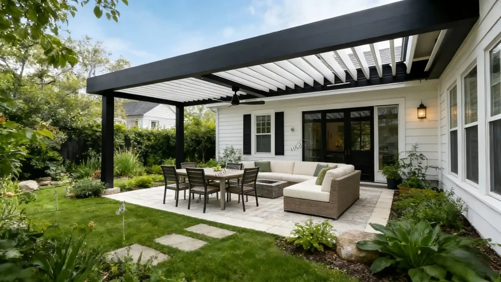 Contemporary modern aluminum pergola with adjustable louvered roof, rain protection, and durable design for residential patios, backyard gardens, and commercial outdoor spaces | Lumisong