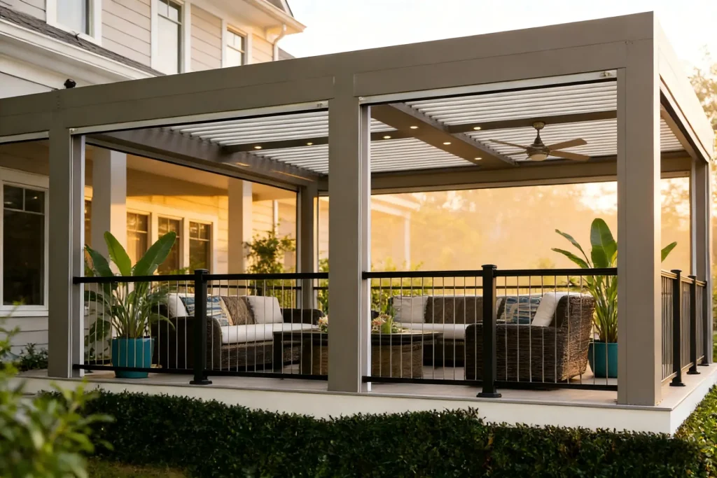 Durable commercial aluminum pergola system by Lumisong for restaurants, hotels, and outdoor hospitality spaces, featuring a robust weather-resistant structure designed for high-traffic environments and year-round outdoor use.