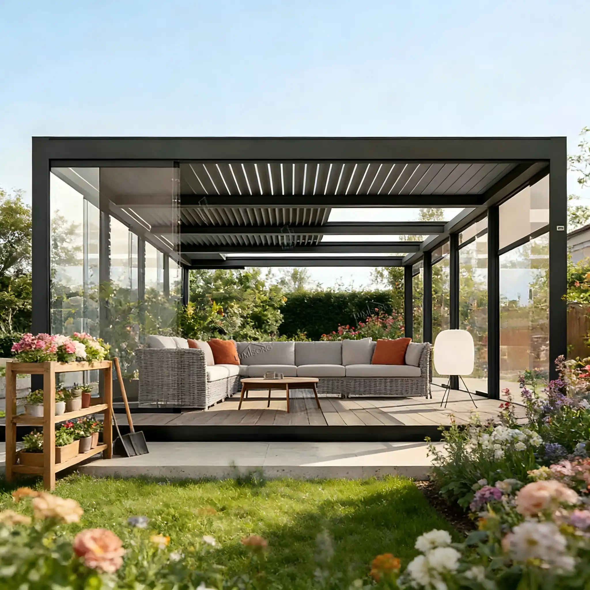 Folding pergola for garden with adjustable retractable roof system, modern aluminum outdoor shade structure designed for backyard patios and residential landscapes