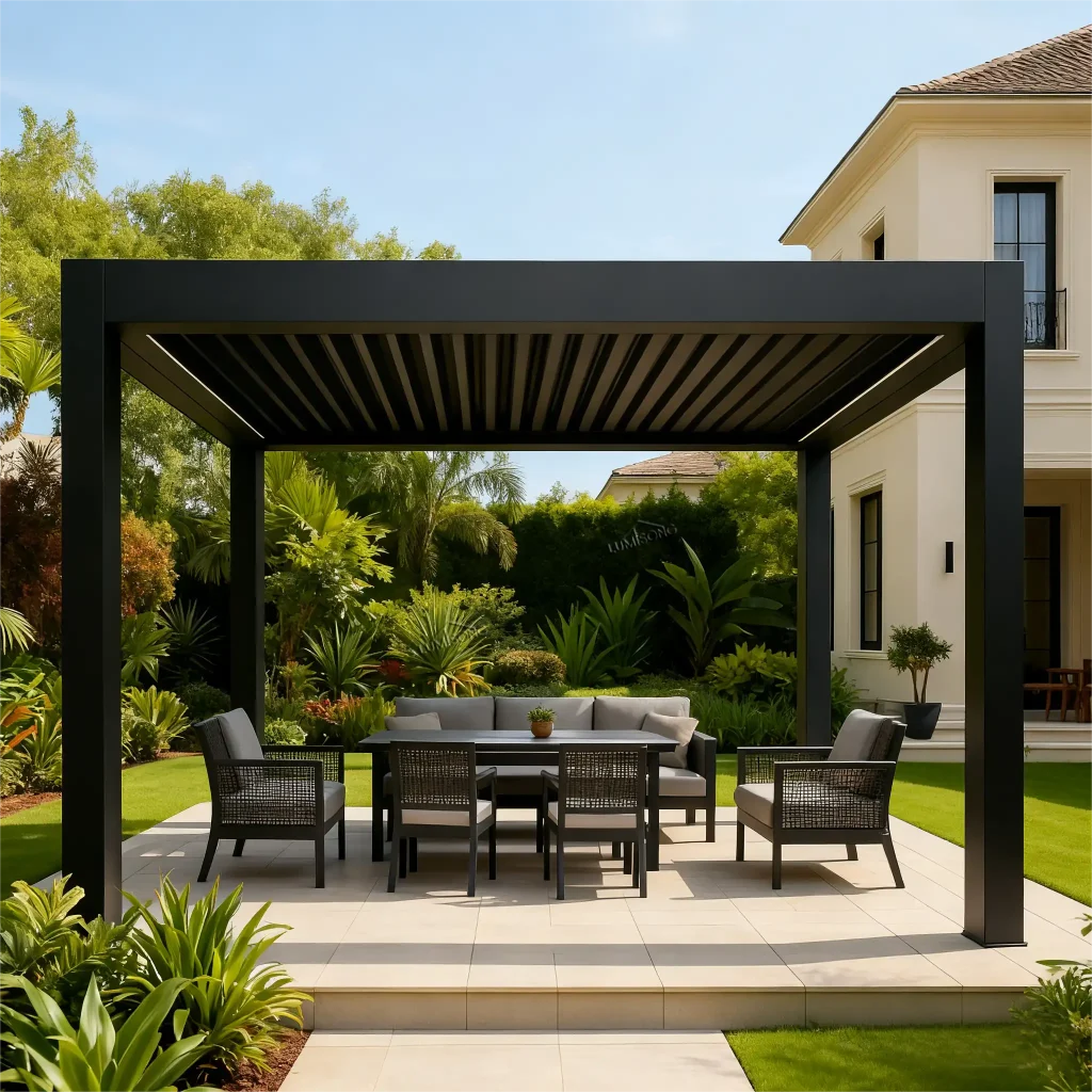 High-quality aluminum garden pergola with adjustable roof, waterproof design, and modern outdoor aesthetic, perfect for residential and commercial projects | Lumisong