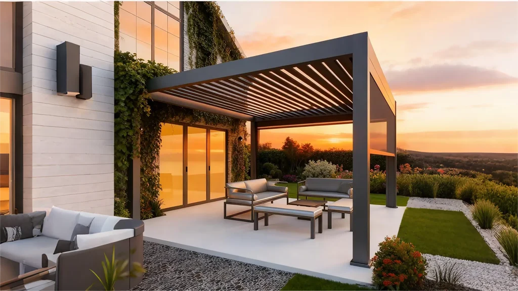 Heavy-duty aluminum pavilion structure designed for outdoor patios, gardens, and commercial spaces providing durable shade and weather protection