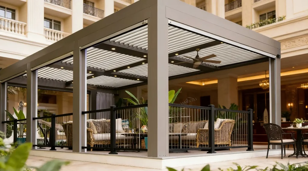 Large aluminum pergola with roof designed for commercial outdoor dining areas, restaurant patios, and hotel terraces, featuring a durable weatherproof structure that provides comfortable shade and protection for hospitality outdoor seating spaces – Lumisong