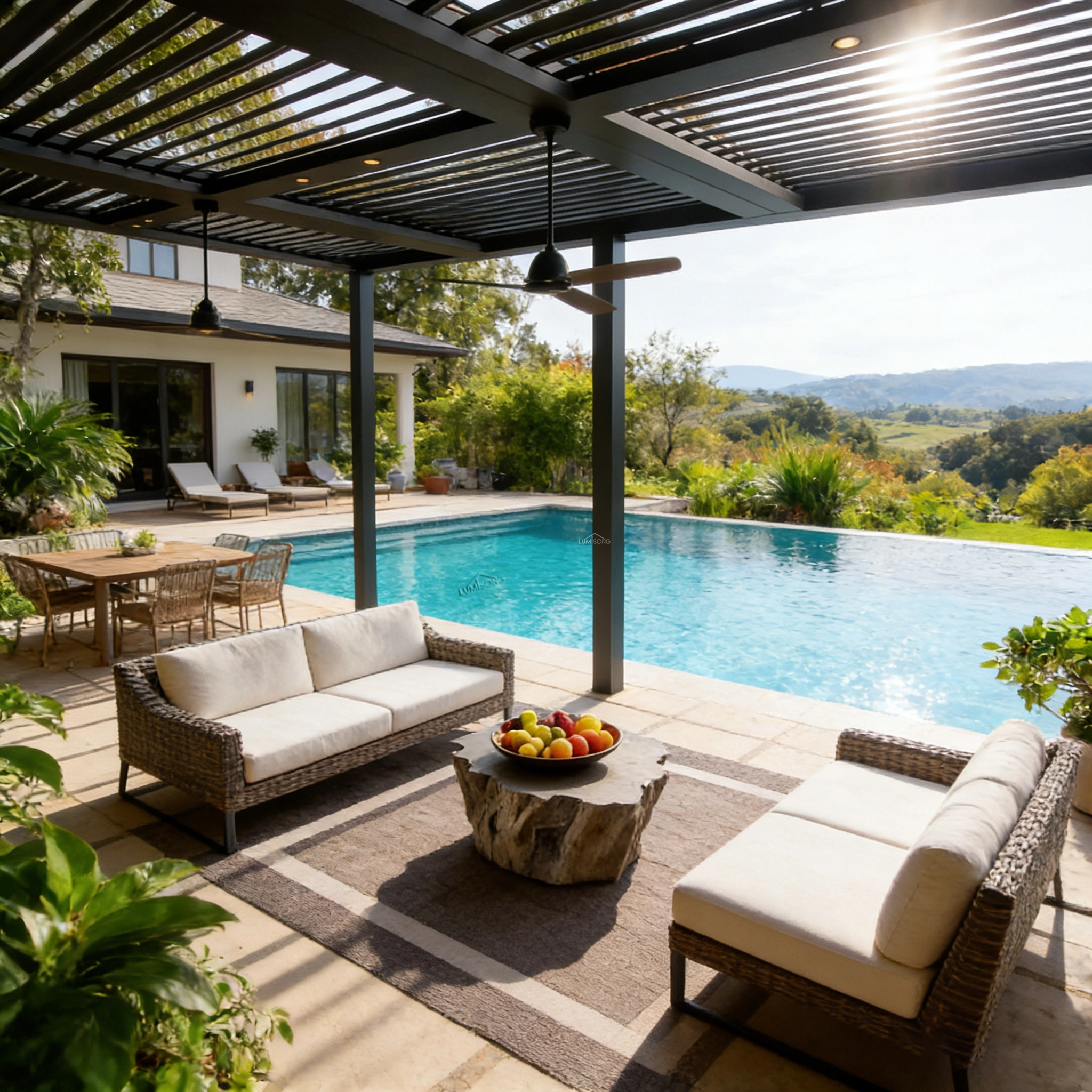 Large Lumisong aluminum pergola with durable roof, offering full sun and rain protection, ideal for residential backyards, commercial terraces, and stylish outdoor living spaces.