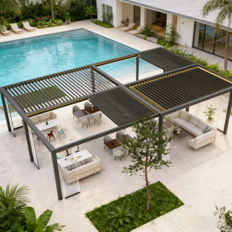 Large-span aluminum pergola structure covering a spacious outdoor patio and commercial seating area, engineered pergola system designed for wide coverage without center columns, ideal for restaurants, resorts, rooftop terraces, and large residential outdoor living spaces, custom manufactured in China with global wholesale supply to the United States, Canada, Australia, the United Kingdom, Germany, France, Italy, Spain, Greece, the Netherlands, Sweden, and other developed markets | Lumisong