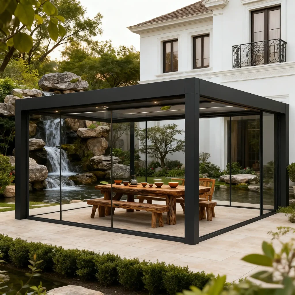 Motorized Louvered Pergola with Glass Sliding Doors for Modern Outdoor Living and Weatherproof Patio System Lumisong