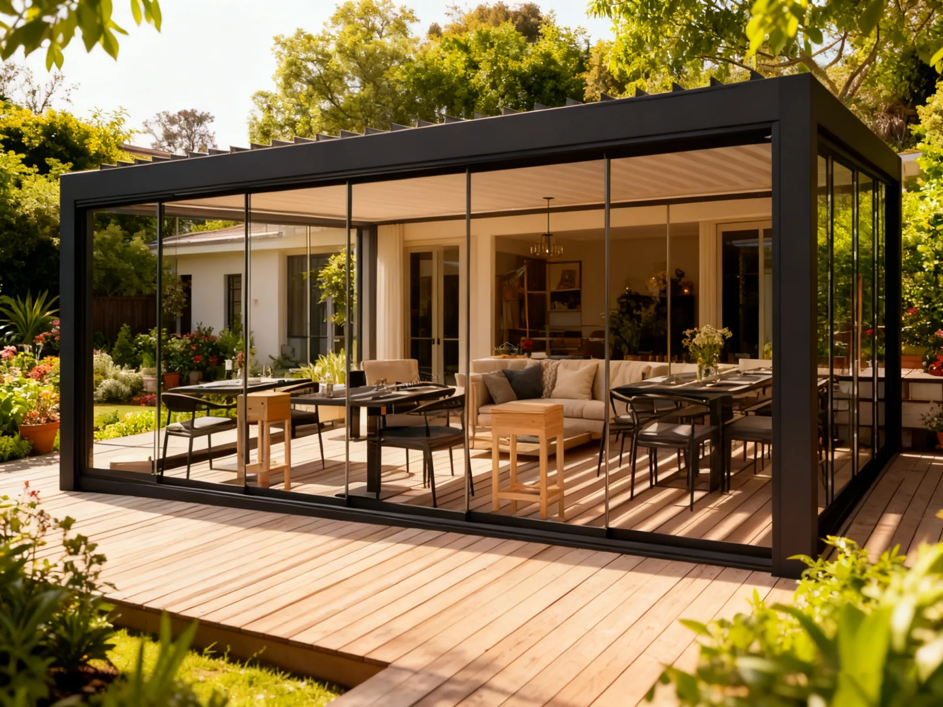 Modern louvered pergola installed in a garden, adjustable aluminum louvers providing shade and ventilation, durable outdoor structure ideal for residential backyard patios and landscaped garden spaces | Lumisong