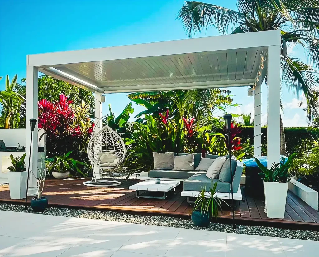 Luxurious aluminum backyard pergola with adjustable louvered roof, offering full sun and rain protection for residential outdoor spaces, ideal for patios, gardens, and entertaining areas | Lumisong