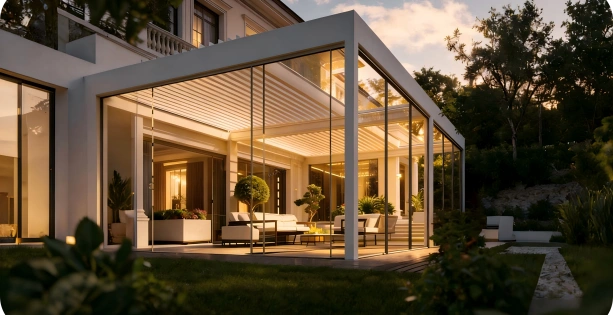 Luxury bioclimatic aluminum pergola with glass enclosure system for high-end residential outdoor living spaces, custom architectural pergola structure for villas, terraces, and premium outdoor projects – Lumisong