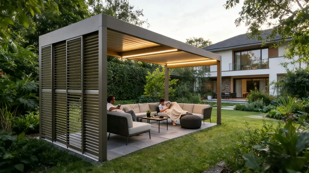 Luxury garden pergola with durable aluminum frame, adjustable sun and rain protection, ideal for backyard and outdoor projects, designed for long-lasting performance and modern aesthetics | Lumisong