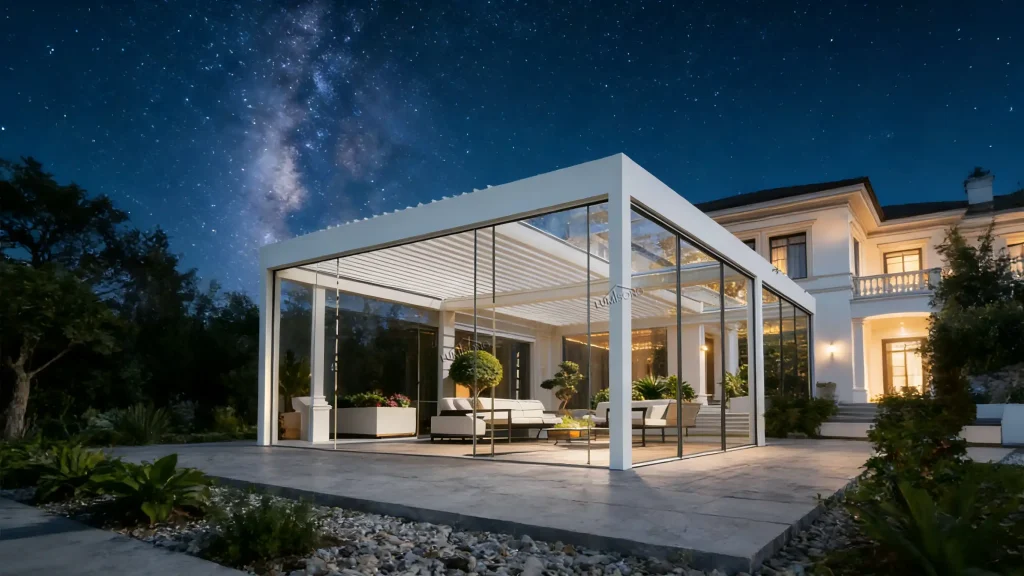 Luxury hotel outdoor pergola with high-quality aluminum frame, adjustable louvered roof for sunlight and rain control, elegant lounging area for guests, suitable for premium hospitality settings – Lumisong