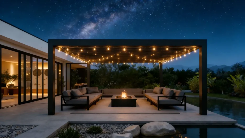 Luxury aluminum pergola with integrated LED lighting by Lumisong, designed for patio and terrace nighttime outdoor lounge spaces, featuring modern structure, ambient illumination, and durable weather-resistant construction for residential and commercial use.