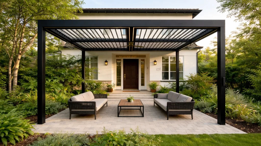 Modern adjustable louvered freestanding aluminum pergola for garden, backyard, and outdoor patio living spaces, featuring durable all-weather construction, customizable sunlight and shade control, and versatile outdoor lounge or dining areas for residential and commercial projects – Lumisong