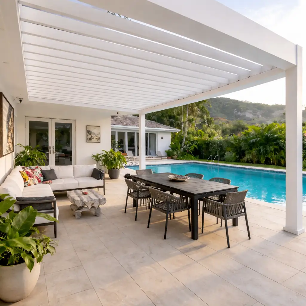Modern adjustable louvered pergola roof designed for patio dining areas, poolside outdoor living spaces, and residential terraces, featuring durable aluminum construction, weather-resistant finish, and customizable sunlight and shade control for comfortable and stylish outdoor living – Lumisong