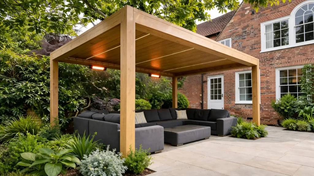 Modern aluminum garden pergola with integrated outdoor heater by Lumisong, designed for luxury backyard patio comfort, providing all-season warmth, weather resistance, and elegant outdoor living for residential and commercial spaces.