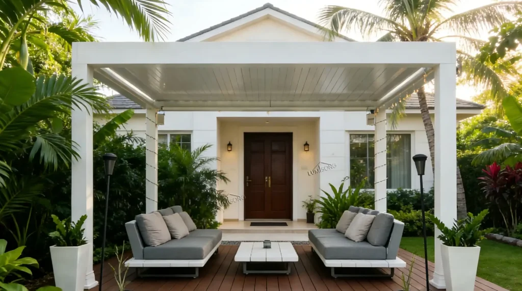 Modern aluminum gazebo pergola for outdoor garden and patio spaces, featuring a luxury weather-resistant structure designed for backyard lounge areas and stylish outdoor living environments in residential and commercial landscape projects – Lumisong