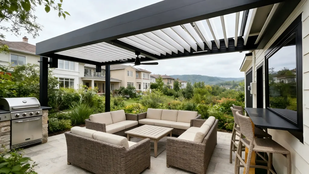 Modern aluminum outdoor pavilion pergola for patios, gardens, and luxury backyard living spaces, featuring a durable weather-resistant structure, elegant design, and versatile outdoor lounge and dining solutions for residential and commercial settings – Lumisong