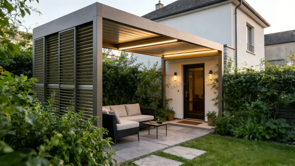 Modern aluminum pergola with privacy wall and adjustable louvered roof for patio, garden, and backyard outdoor lounge spaces, featuring durable all-weather construction, customizable sunlight and shade control, and versatile seating or dining areas for residential and commercial projects – Lumisong