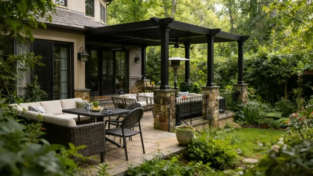 Modern garden pavilion pergola designed for landscape design, backyard relaxation, and outdoor living spaces, featuring a durable aluminum structure, weather-resistant finish, and versatile seating and lounging solutions for residential and commercial outdoor environments – Lumisong