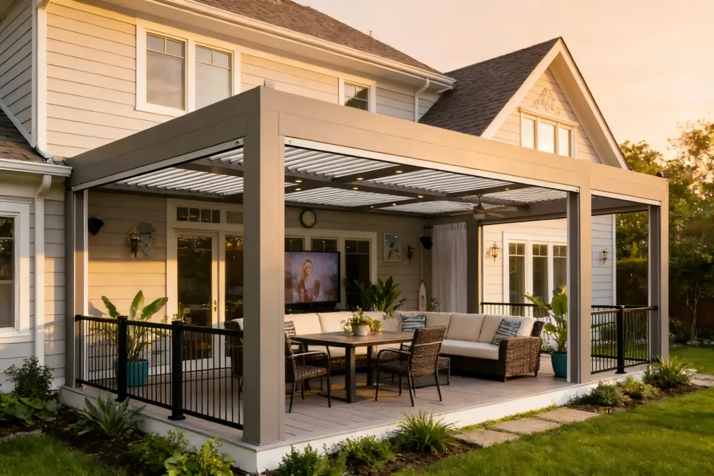 Modern louvered aluminum pergola with privacy screen by Lumisong, featuring adjustable louvers for flexible shade control and enhanced outdoor comfort, ideal for patios, gardens, and commercial outdoor spaces with added privacy and weather protection.