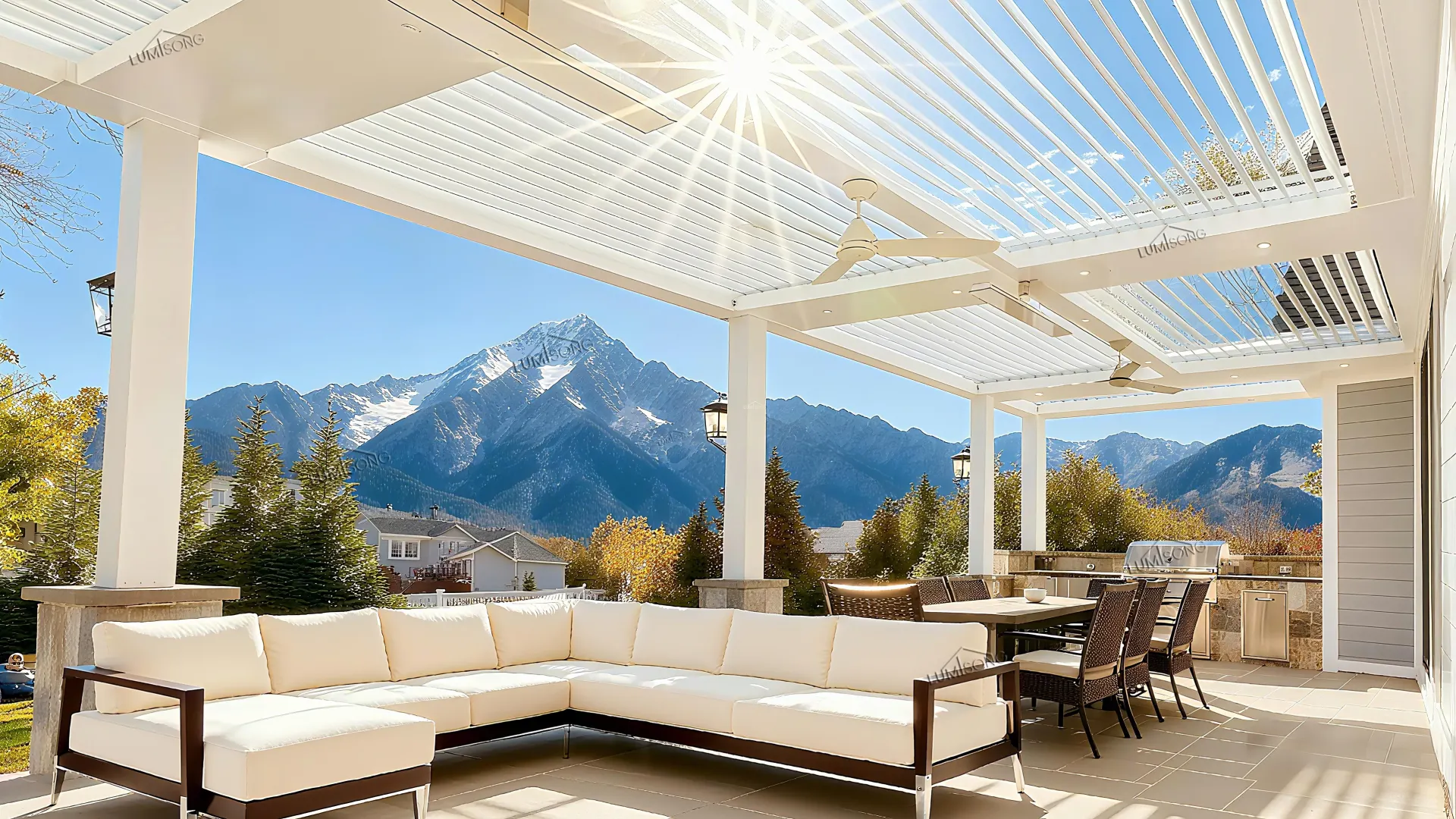 Modern outdoor systems including aluminum pergolas, carports, motorized awnings and outdoor roller blinds providing architectural shading and weather protection solutions for residential patios, commercial terraces, gardens and building facades by Lumisong outdoor systems manufacturer