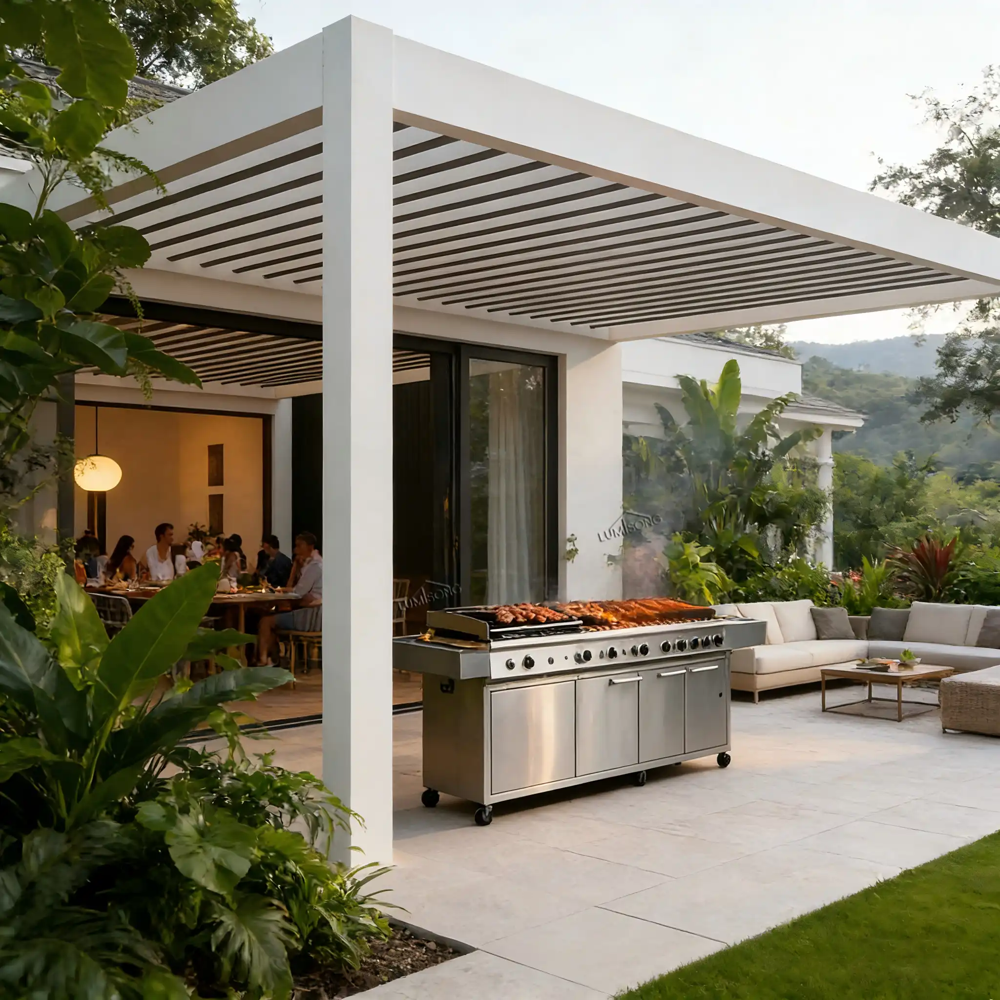 Modern pergola with high-strength aluminum frame and retractable roof system for residential gardens, patios, terraces, and commercial outdoor spaces