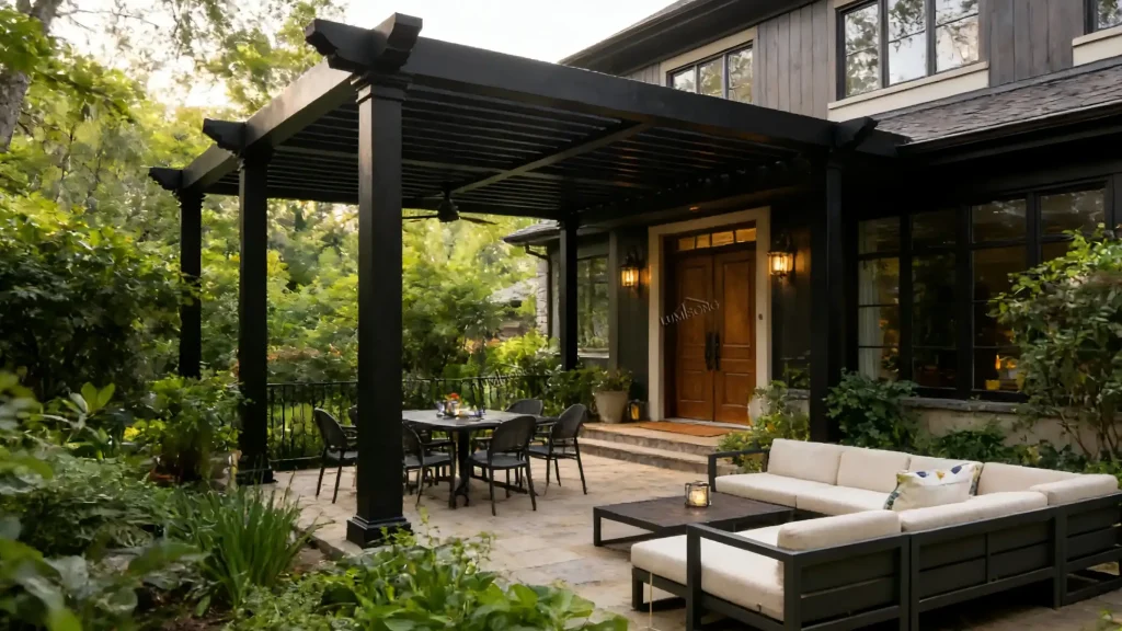 Modern wall-mounted adjustable louvered pergola roof for house terraces and outdoor dining areas, made with durable aluminum, weatherproof construction, and customizable shade control, creating stylish and functional outdoor living spaces for residential and commercial projects – Lumisong