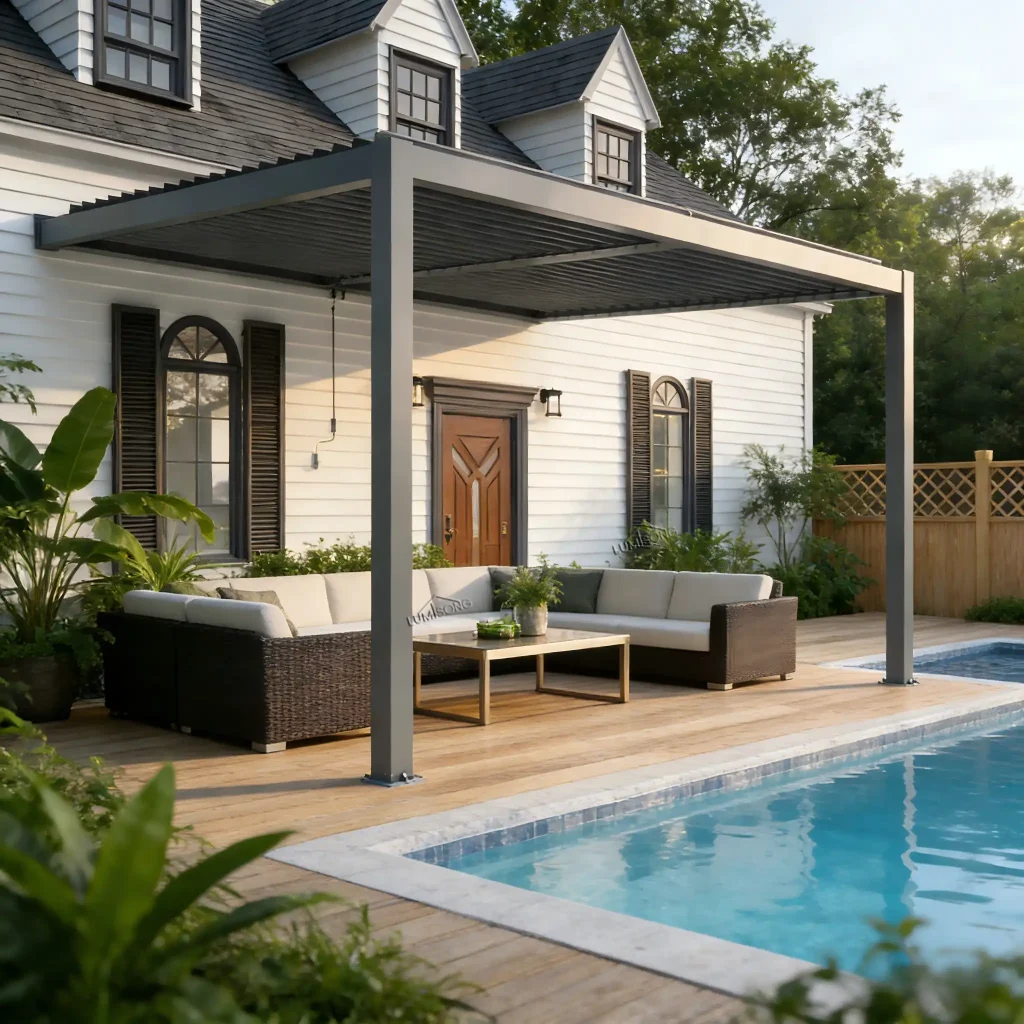 Modern wall-mounted aluminum pergola for patio, garden, and terrace, designed for residential outdoor living spaces, featuring a durable, weather-resistant structure, sleek modern design, and versatile shading and lounge solutions – Lumisong