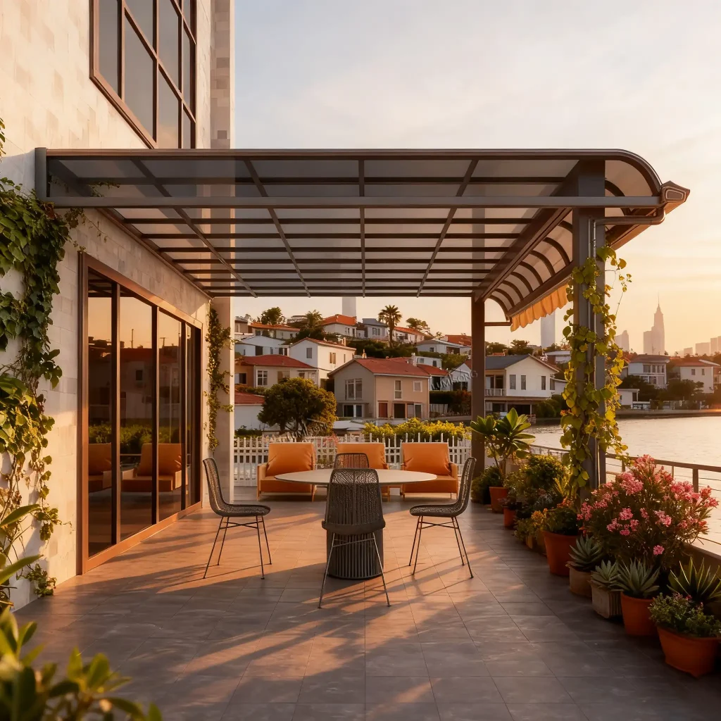 Outdoor aluminum canopy system providing modern weather protection for building entrances, patios, walkways, and commercial outdoor areas