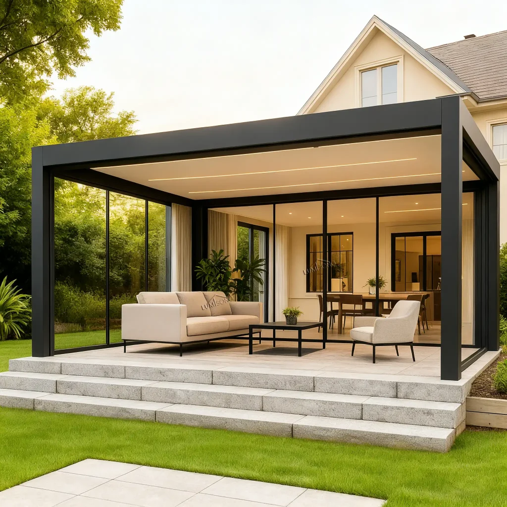 Pergola Aluminium Glass with premium aluminum frame and tempered glass roof panels, ideal for gardens, patios, rooftops, terraces, and commercial outdoor spaces