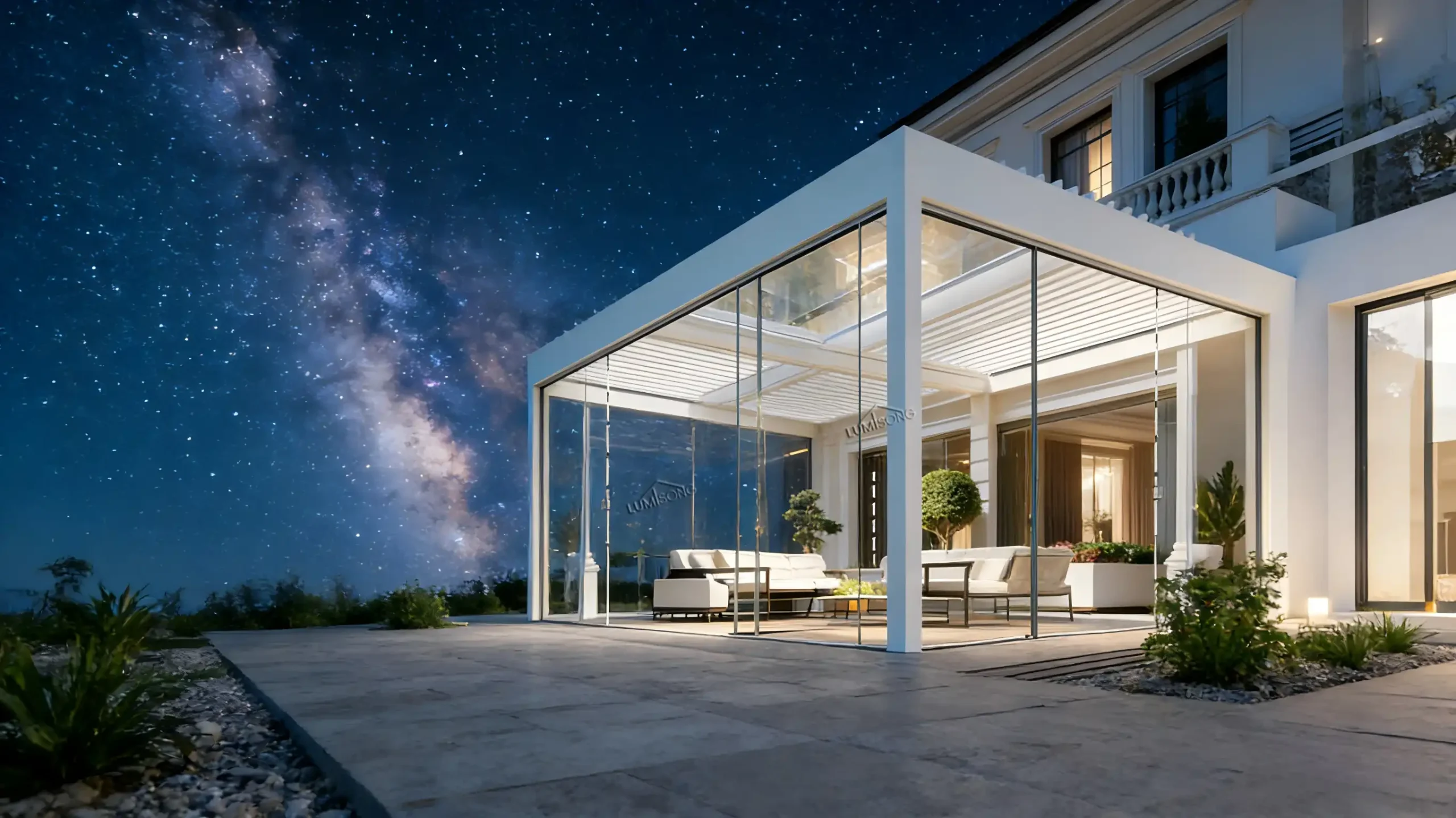 Outdoor aluminum pergola installed in patio or garden, featuring modern design, durable weather-resistant structure, and comfortable shaded outdoor living space | Lumisong