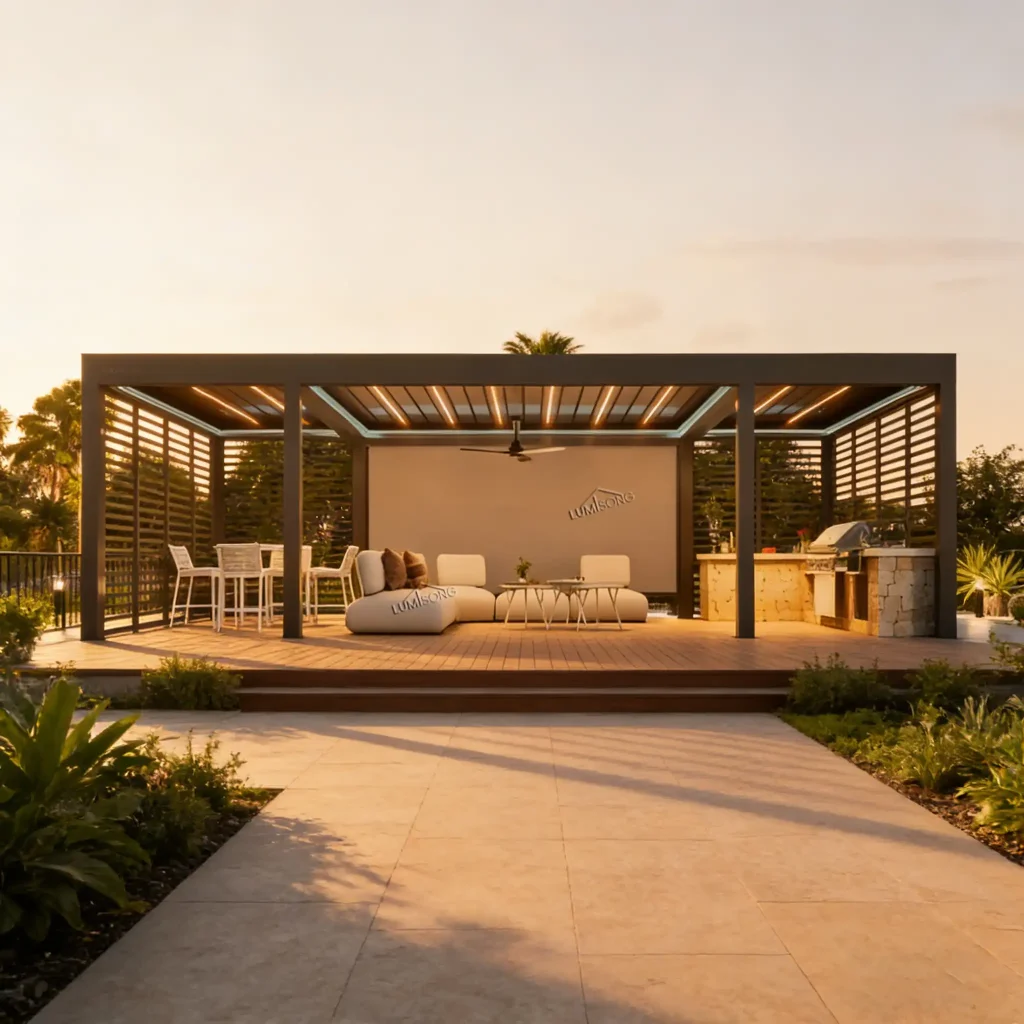 Lumisong modern pergola design featuring premium aluminum structure, customizable layout, and integrated shading solutions for stylish residential and commercial outdoor spaces.