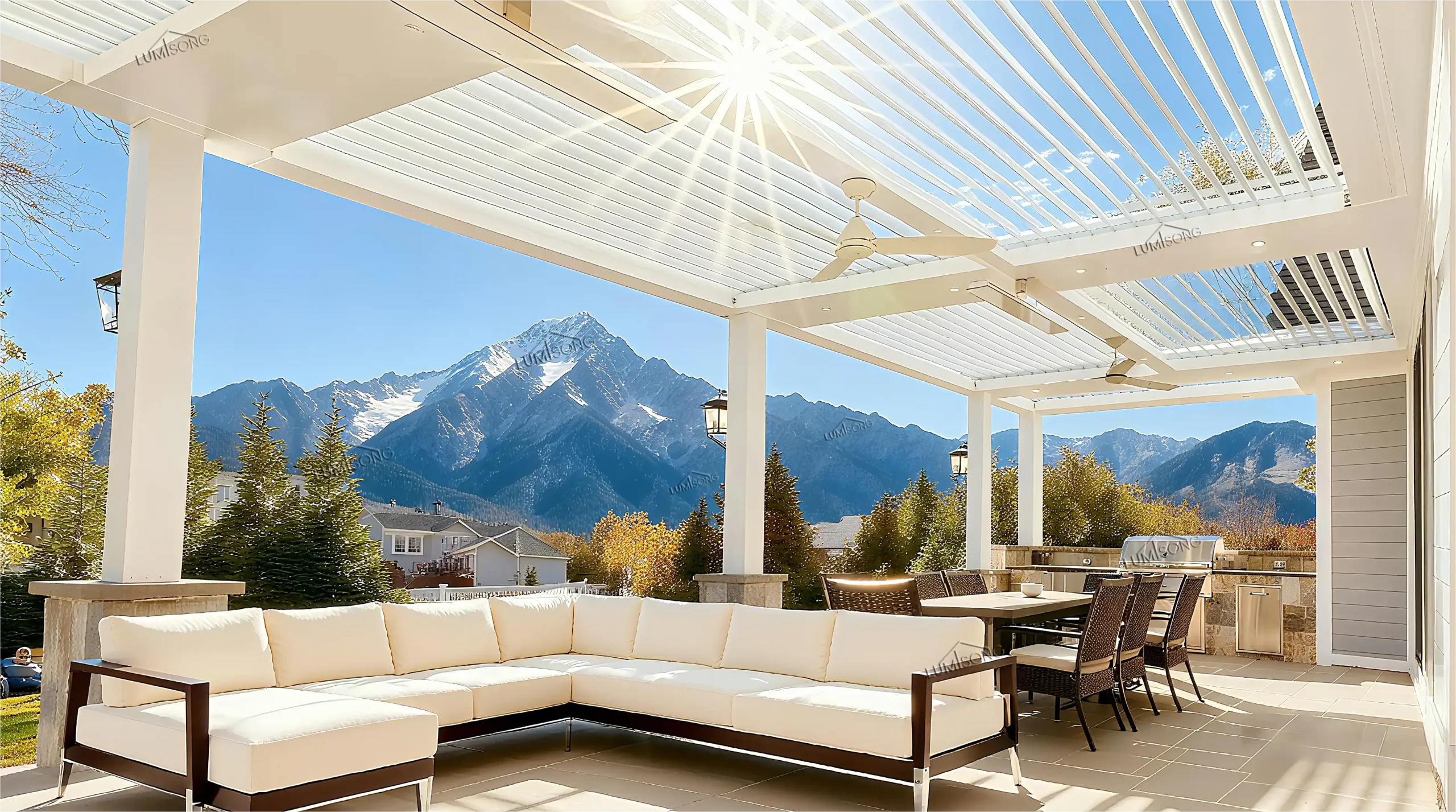 Electric pergola with motorized retractable roof and durable aluminum frame for residential gardens, patios, rooftop terraces, and commercial outdoor spaces