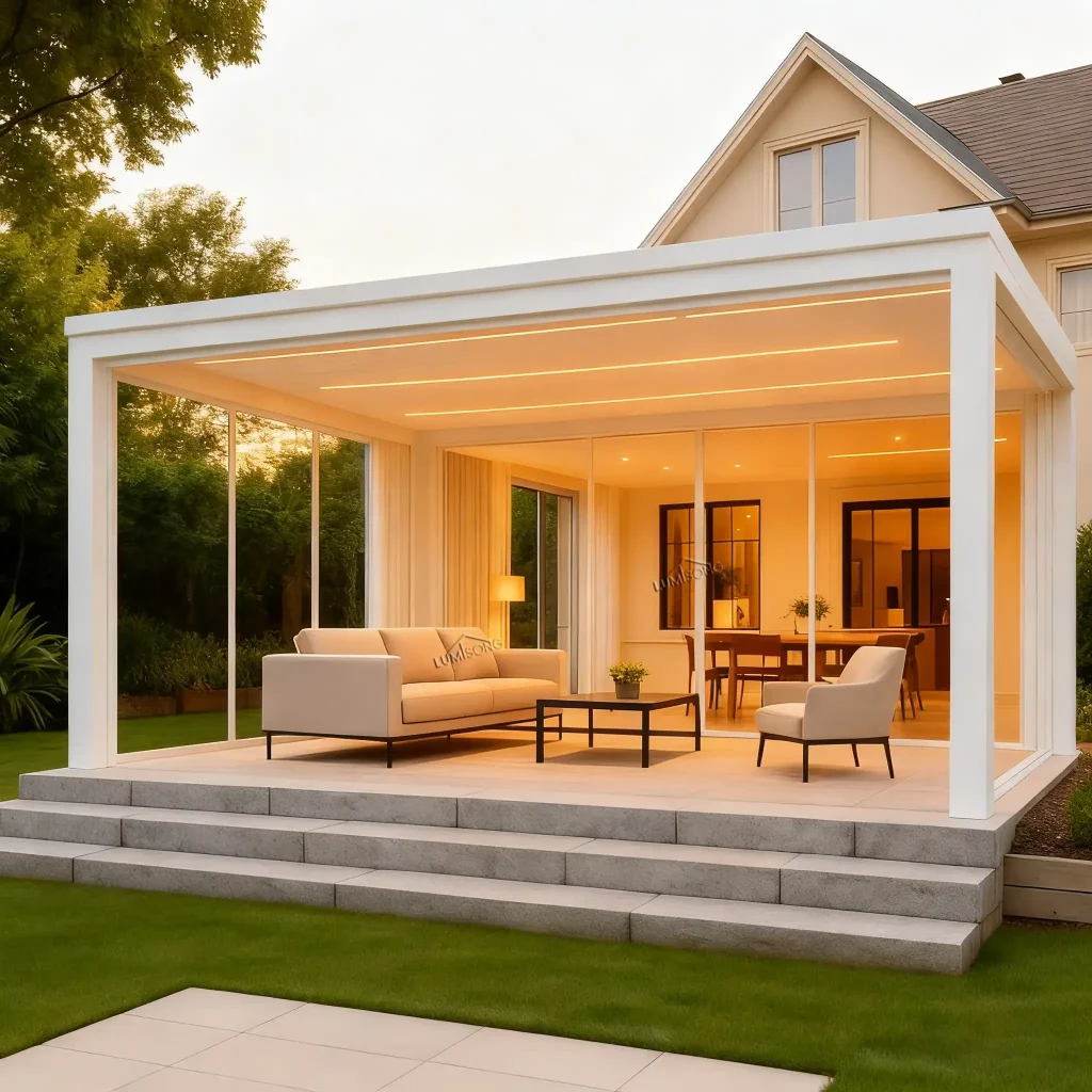 Pergola Front with front-facing aluminum structure, ideal for gardens, patios, backyards, entrances, terraces, and commercial outdoor living spaces