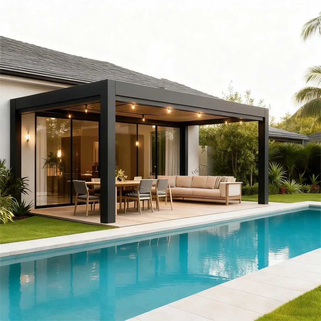 Pergola Front with front-facing aluminum structure, designed for gardens, patios, backyards, entrances, terraces, and outdoor living spaces, ideal for residential and commercial applications