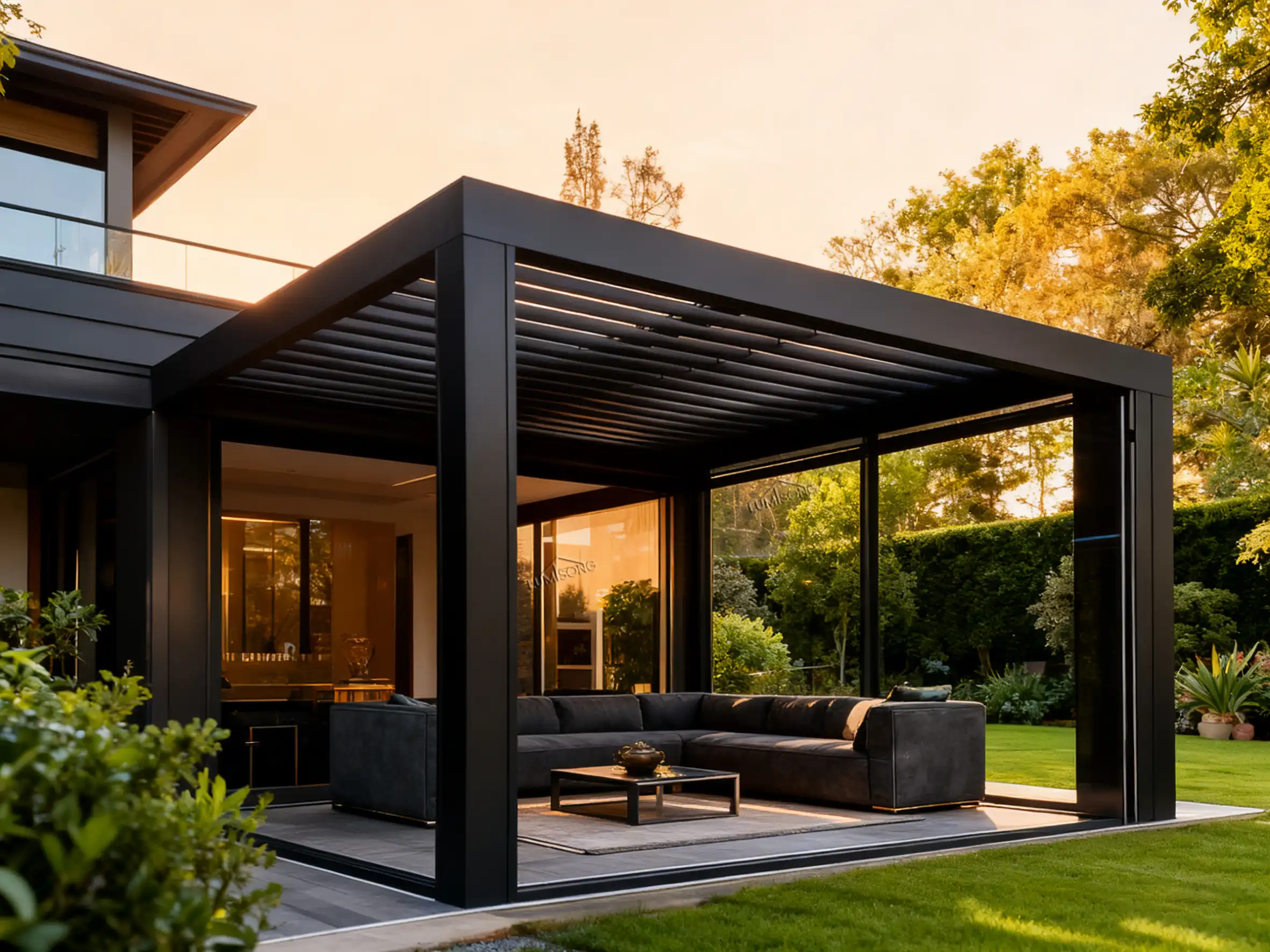 Modern pergola garden structure with durable aluminum frame providing outdoor shade for backyard patio, landscape garden seating area, and residential outdoor living space