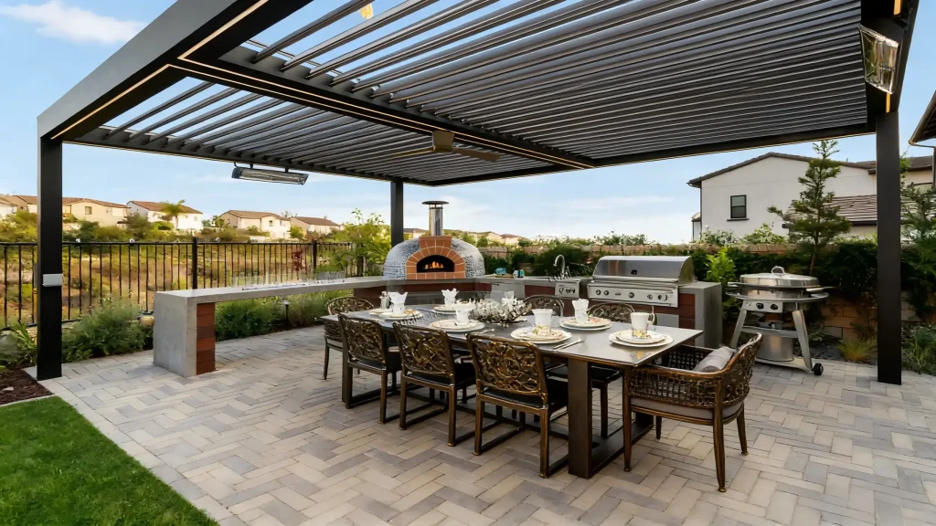 Pergola gazebo for grill with durable aluminum frame providing shade and ventilation for outdoor barbecue areas, backyard patios, and outdoor kitchens