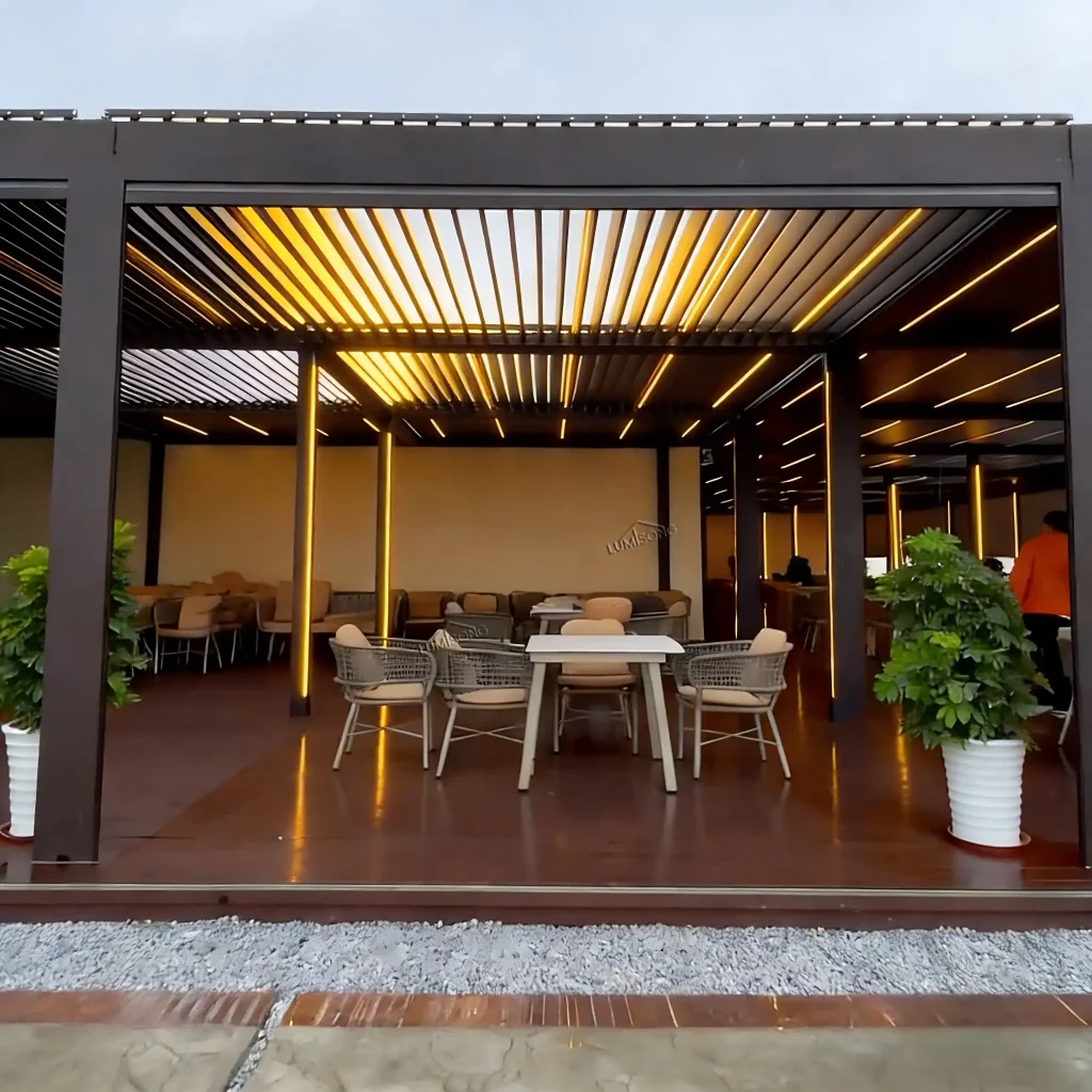Lumisong restaurant pergola with premium aluminum structure, designed for outdoor dining spaces, offering weather protection, adjustable shading, and elegant atmosphere for commercial hospitality environments.