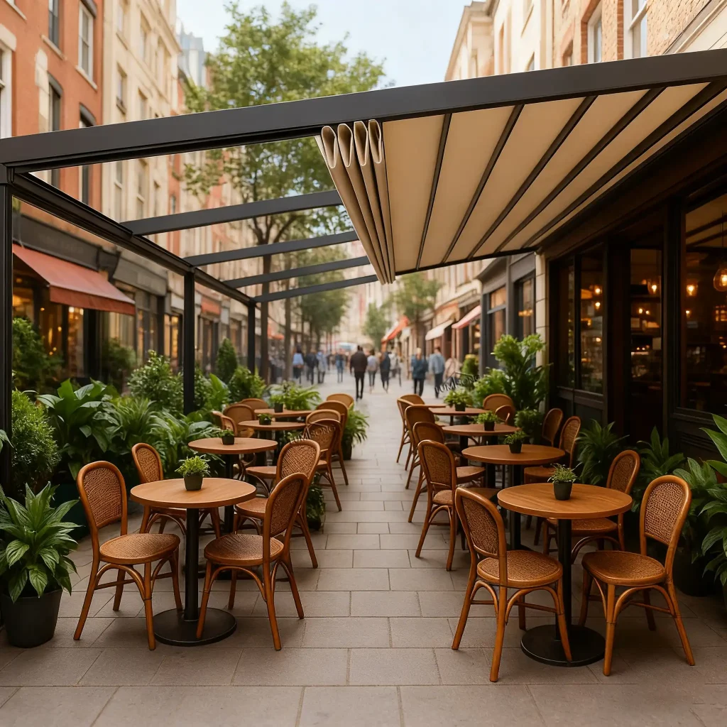 Restaurant canopy with modern aluminum structure providing outdoor shade for restaurant patios, cafés, terraces, and commercial dining areas