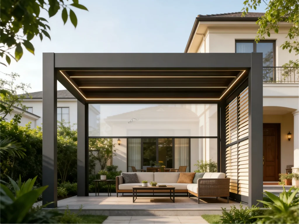 Retractable folding pergola aluminum outdoor patio pergola with waterproof folding roof system designed for garden patios, terraces, restaurants and outdoor living spaces providing flexible sunshade and rain protection